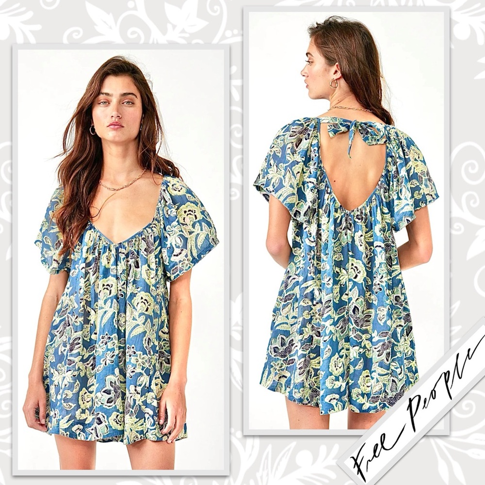 Free People Kauai Getaway Floral Printed Tunic Ocean Combo Blue-Grey Cream Black